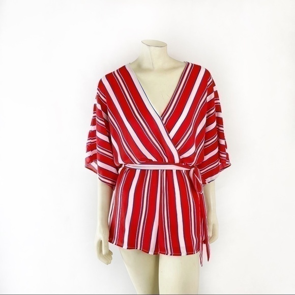 Lulus Spruce Red Multi Striped Kimono Sleeve Romper - Picture 2 of 8